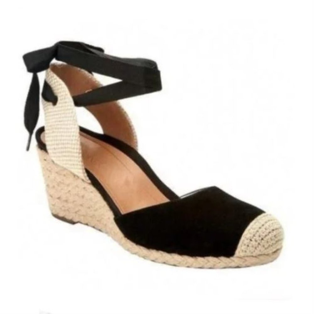 Vionic Aruba Maris Wedge Espadrille Black Suede Ribbon Wrap Ankle Shoes 10